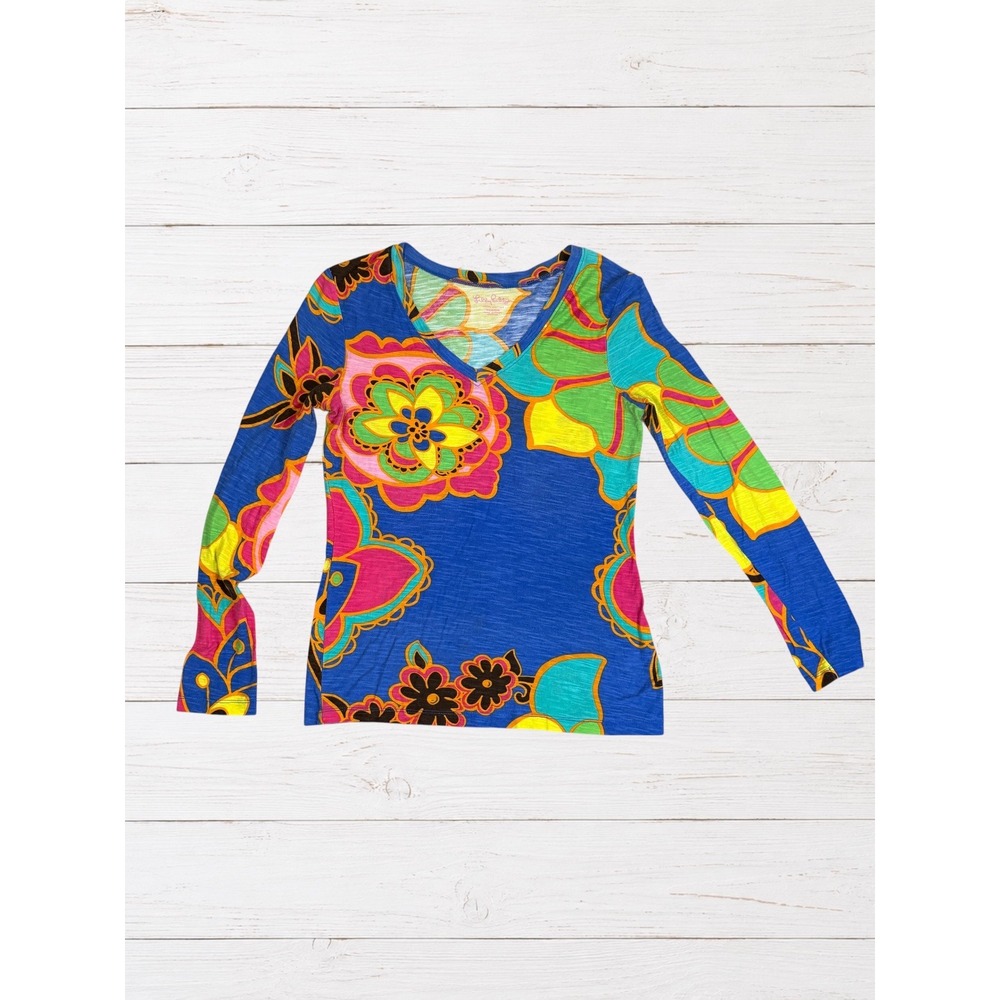 Vintage Lilly Pulitzer Etta Floral Paisley V-Neck Long Sleeve Top Blue M 2011